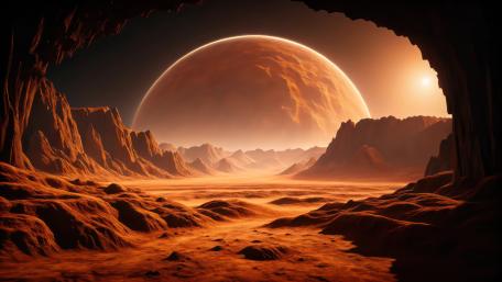 Crimson Dunes Beneath a Giant Alien Moon wallpaper