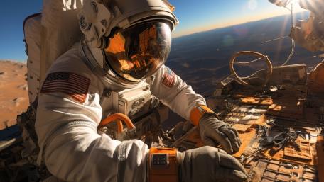 Sunlit Spacewalk Engineer Repairing Spacecraft in Crisp 4K Detail wallpaper