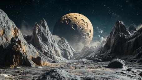 Moonlit Crater World Over Jagged Alien Mountains wallpaper