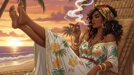 Sunset Beach Reverie with Exotic Anime Girl and Curling Smoke wallpaper
