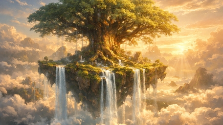 Gigantic Tree Kingdom on a Floating Island Above Golden Clouds wallpaper