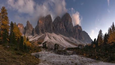 Majestic Tre Cime di Lavaredo Peaks Above Autumn Dolomite Valley wallpaper