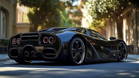 Midnight Black Supercar Cruising Through Sunlit City Streets in 4K wallpaper