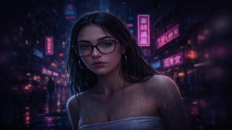Neon Rain Reverie Girl in a Cyberpunk City Night wallpaper