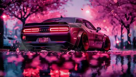 Neon Sakura Night Drive Dodge SRT Reflected in Rainy Street Puddles wallpaper