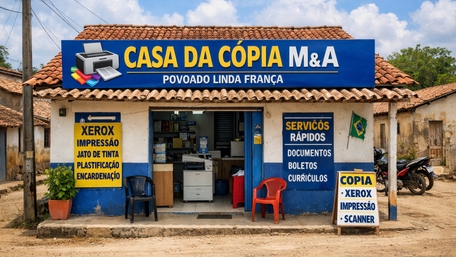 Sunlit Copy Shop Street Scene with Bold Blue Signage wallpaper