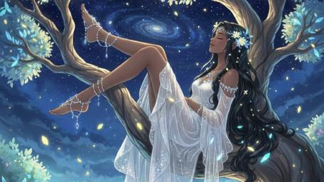 Starlit Dreamer Resting in the Celestial Tree wallpaper