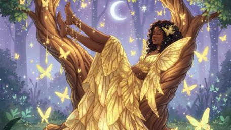 Moonlit Butterfly Dreamscape with Golden Winged Girl wallpaper