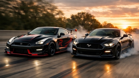 Sunset Drift Duel Nissan GT-R R35 and Mustang Muscle Power wallpaper
