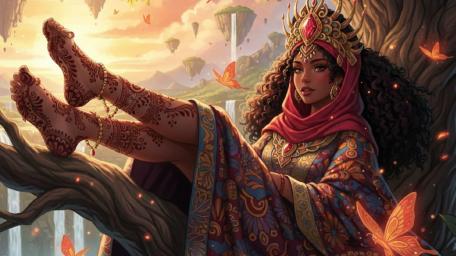 Henna Crowned Dreamer Among Floating Isles and Ember Butterflies wallpaper