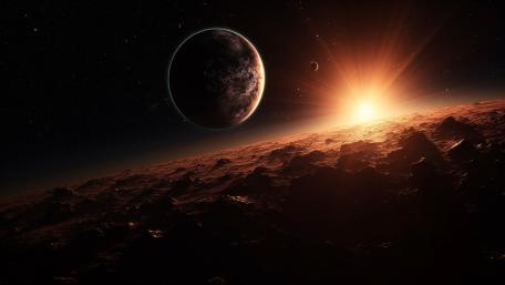 Sunrise Beyond a Crimson Alien Horizon in Deep Space wallpaper