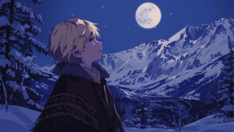 Moonlit Winter Reverie in Quiet Anime Mountainscape wallpaper