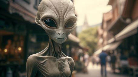 Silent Visitor with Big Eyes in a Sunlit Human Street wallpaper
