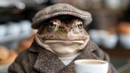 Dapper Toad Enjoying Coffee in a Cozy Cafe Scene wallpaper