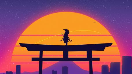 Synthwave Samurai Silhouette Above Torii Gate at Neon Sunset wallpaper