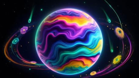 Chromatic Planet Drifting Through Neon Stardust and Comet Trails wallpaper