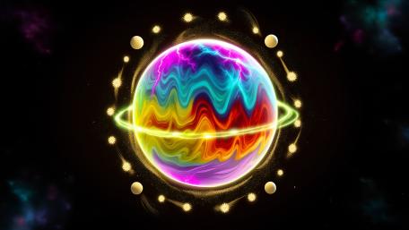 Neon Rainbow Planet with Glowing Rings in Deep Space wallpaper