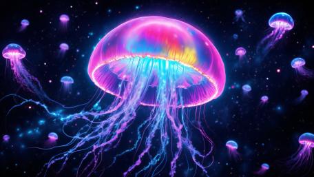 Celestial Bioluminescent Jellyfish Drifting Through a Neon Starfield wallpaper