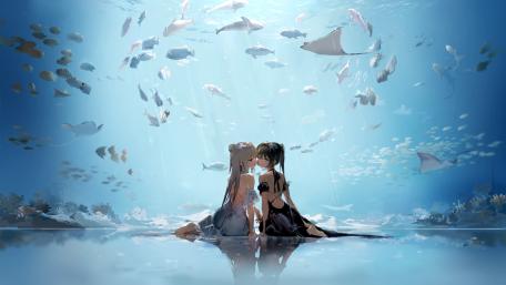Silent Tides Between Two Anime Girls Beneath the Open Sea wallpaper