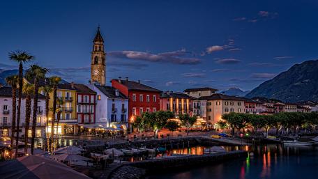Twilight Harbor Lights in Ascona on Lake Maggiore 5K Cityscape wallpaper