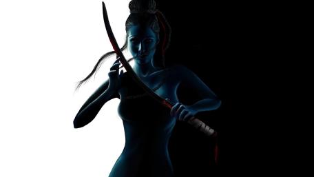 Shadowlit Samurai Girl Holding a Katana in Midnight Contrast wallpaper