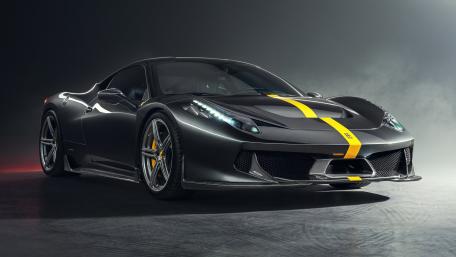 Stealth Ferrari 458 with Yellow Racing Stripe in Cinematic 8K wallpaper