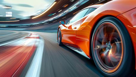 Blazing Orange Supercar Racing Through Neon Curves in 5K wallpaper