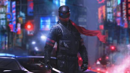 Neon Shrouded Cyberpunk Ninja Warrior in Rainy Future City wallpaper