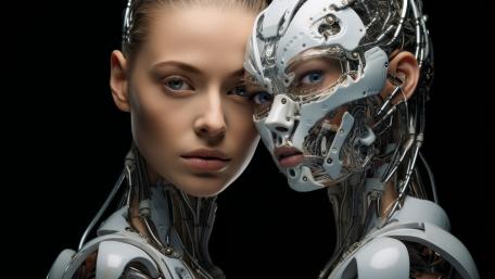 Human and Humanoid Robot Fusion in Sleek AI Portrait Art wallpaper