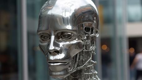 Chrome Humanoid Robot Portrait in a Futuristic Cityscape wallpaper