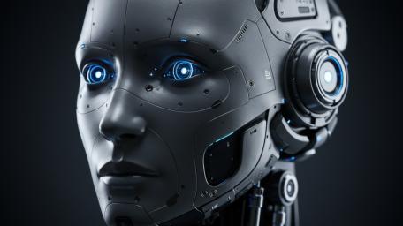 Neon Blue Humanoid Robot Portrait in Ultra Detailed Sci Tech Style wallpaper