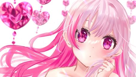 Dreamy Pink Haired Anime Girl with Sparkling Heart Bokeh wallpaper
