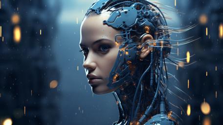 Ember Wired Android Portrait in Rainy Neon Twilight wallpaper