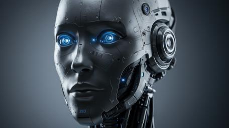 Luminous Blue Eyed Humanoid Android Portrait in Futuristic Steel wallpaper