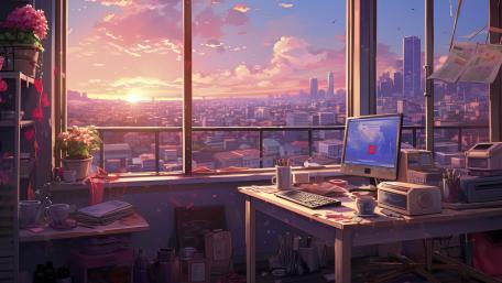 Sunset City Window Office Lofi Anime Workspace Wallpaper wallpaper