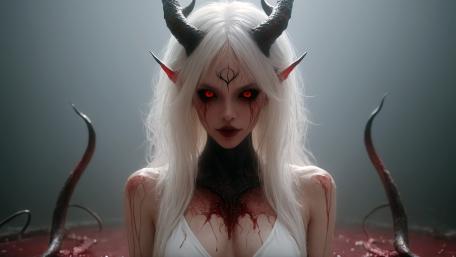 White Haired Demon Queen with Crimson Eyes and Black Horns wallpaper