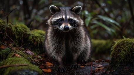 Curious Forest Raccoon in Soft Mossy Shadows wallpaper