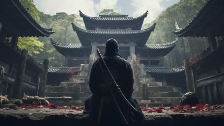 Silent Ronin at the Forgotten Temple in Misty Forest wallpaper