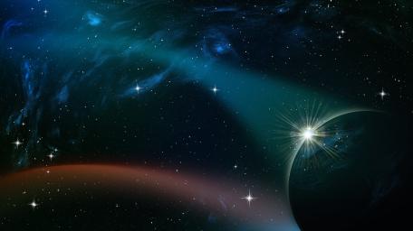 Starlit Nebula Drift Over a Shadowed Planet in Deep Space wallpaper