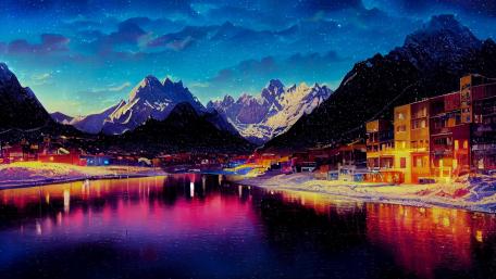 Starlit Alpine Valley Over a Glowing Winter River Town wallpaper