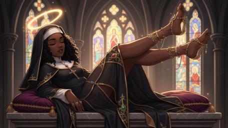 Heavenly Reverie Anime Nun Lounging in Stained Glass Cathedral Glow wallpaper