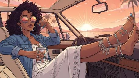 Retro Sunset Cruise with Sunglasses and Silver Anklets wallpaper