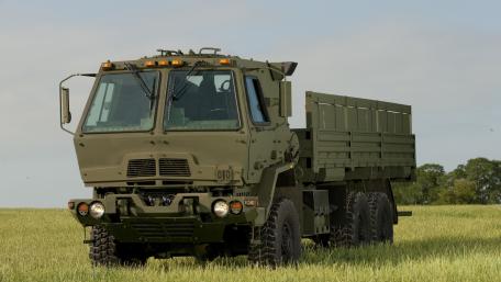 FMTV Tactical Truck Standing Ready on Open Grassland wallpaper