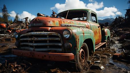 Rusty Vintage Pickup in Forgotten Junkyard Under Crisp Blue Skies wallpaper