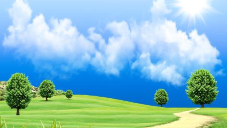Sunlit Dream Hills Over Emerald Lawn and Wandering Path wallpaper