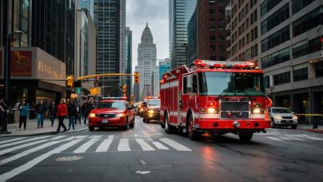 FDNY Rush Hour Response in Midtown Manhattan Street Canyon wallpaper