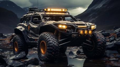Armored Off Road SUV Conquering Stormy Mountain Terrain in 5K wallpaper