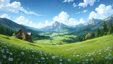 Sunlit Anime Valley Meadow with Cozy Hillside Houses in 4K wallpaper