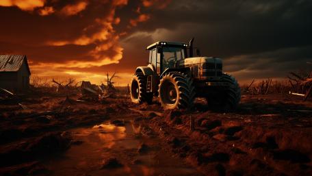 Stormlit Tractor on Rugged Farmland at Dusk in 5K wallpaper