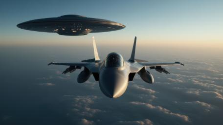 Skyborne Encounter Fighter Jet Escorting Silent UFO Above Clouds wallpaper